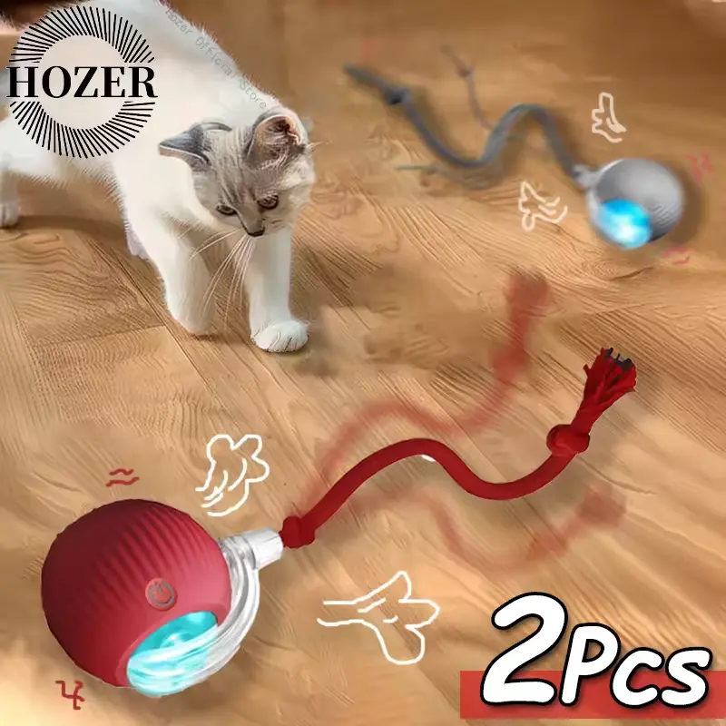 2Pcs Cat Interactive Ball Toys Automatic Rolling Ball Faux Tail Rechargeable Smart Pet Electric Toy Cat Training Imitate Mouse